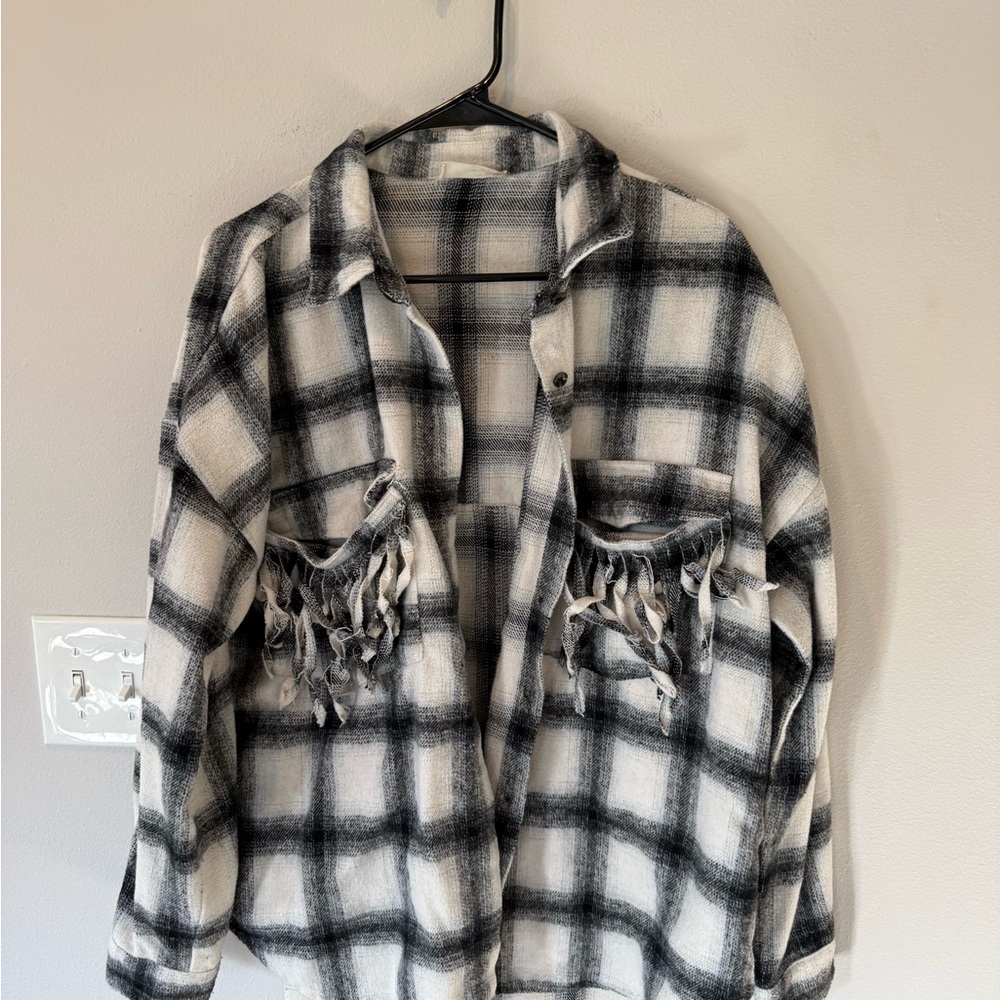 Altar'd State Black and White Plaid Fringe Top